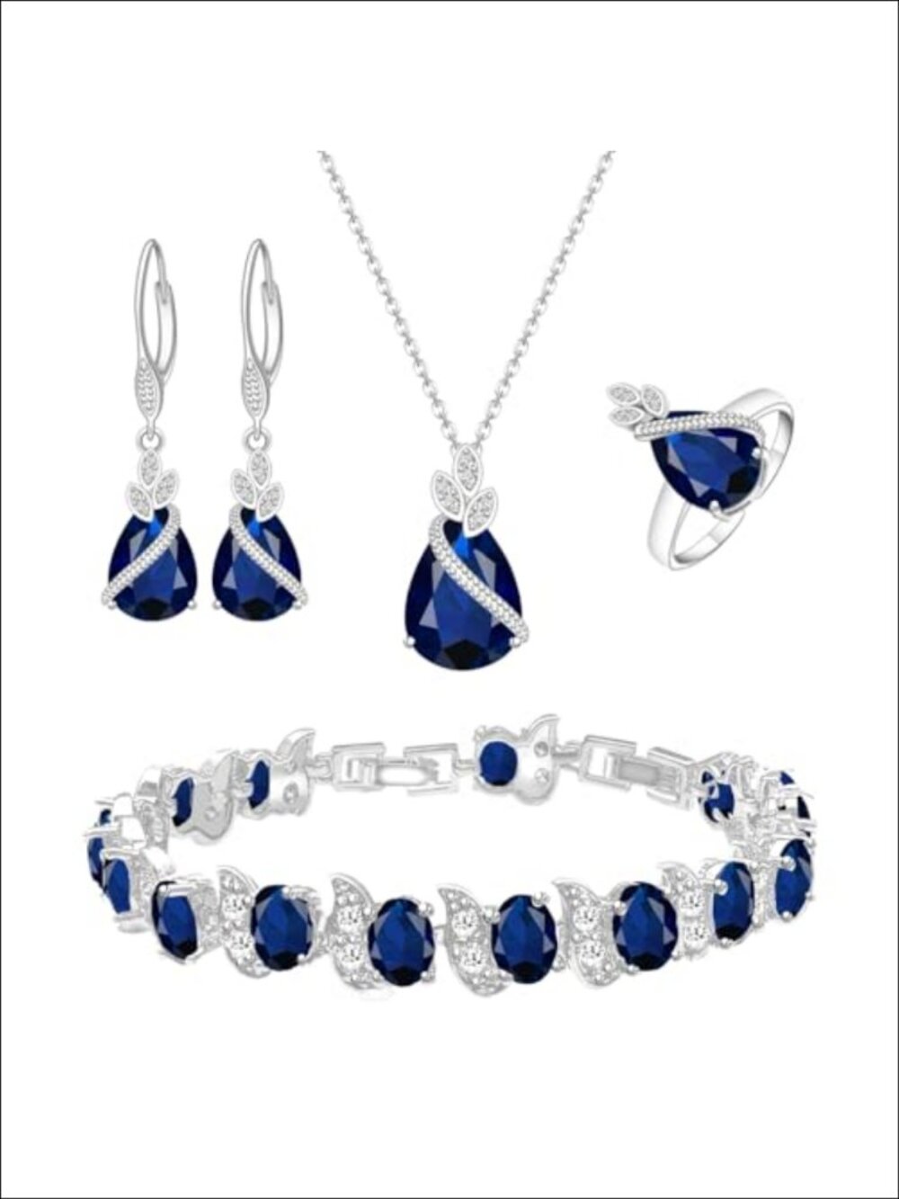 White Gold Plated Teardrop Cubic Zirconia Jewelry Set Necklace Earrings Ring